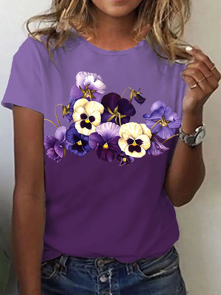 Comstylish Women's Purple Floral Print Round Neck T-Shirt