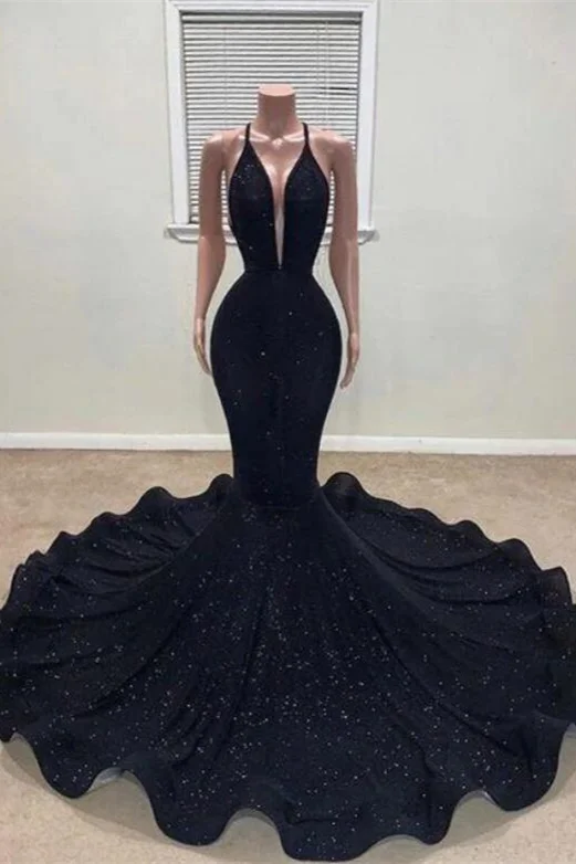 Black Halter Mermaid Prom Dress With Sequins PD0712