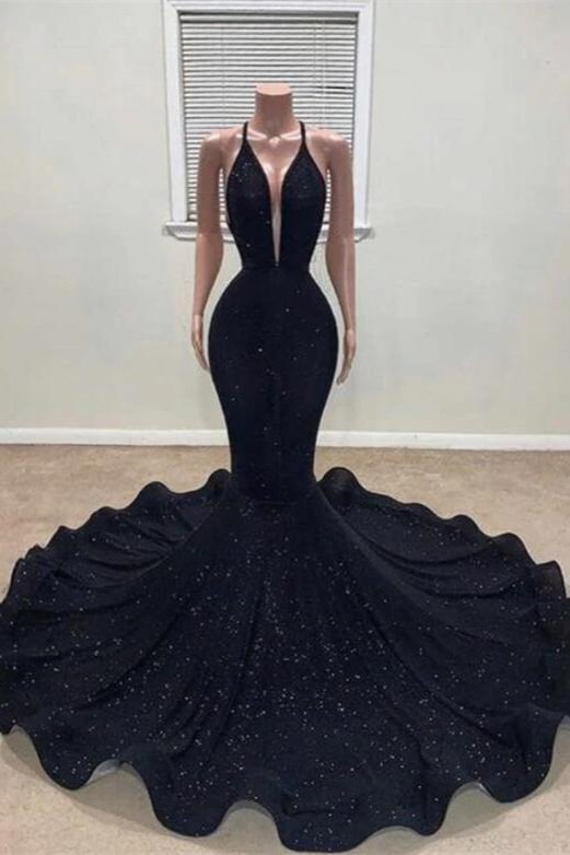 Black Mermaid Halter Prom Dress With Sequins | Ballbellas Ballbellas