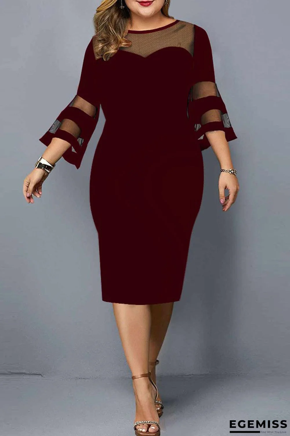 Burgundy Casual Solid Patchwork O Neck Straight Plus Size Dresses | EGEMISS