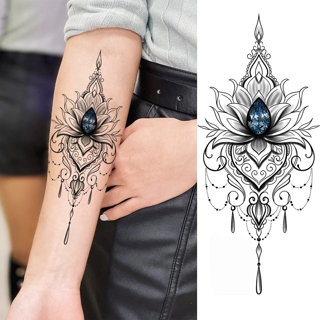 Black Lotus Pendant Temporary Tattoos For Women Adult Rose Flower Jewelry Fake Tattoo Fashion Calf Waterproof Half Sleeve Tatoos