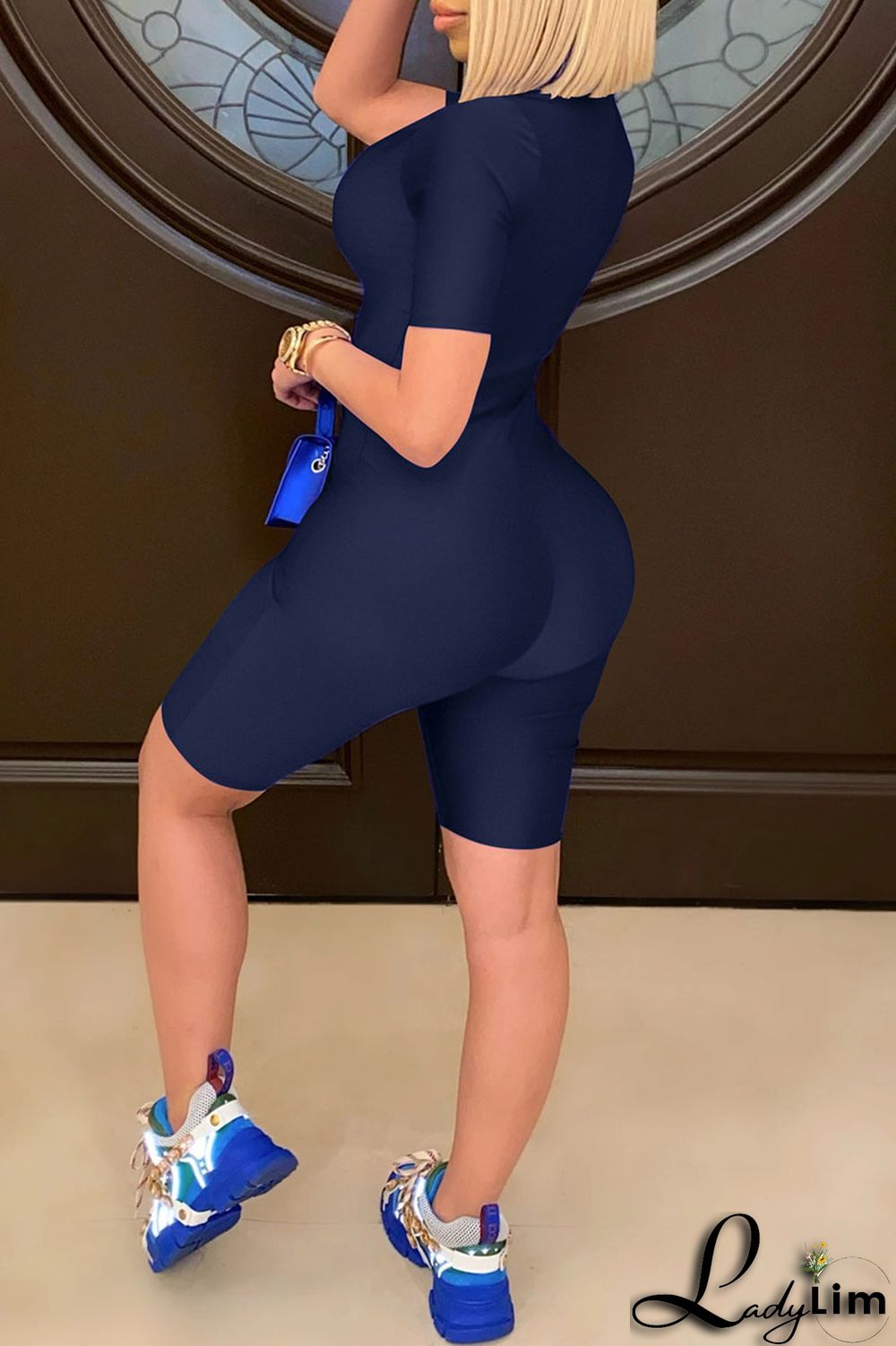 Royal Blue Fashion Casual Solid Basic Zipper Collar Skinny Romper