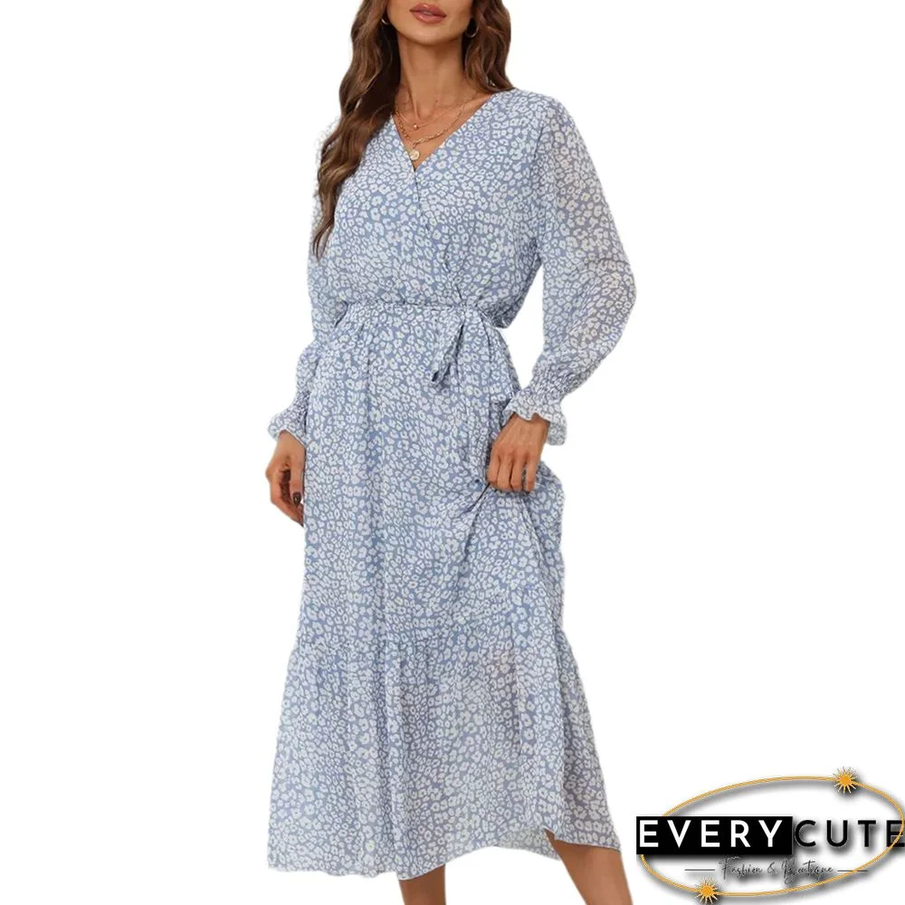 Light Blue Floral Print V Neck Long Sleeve Swing Dress