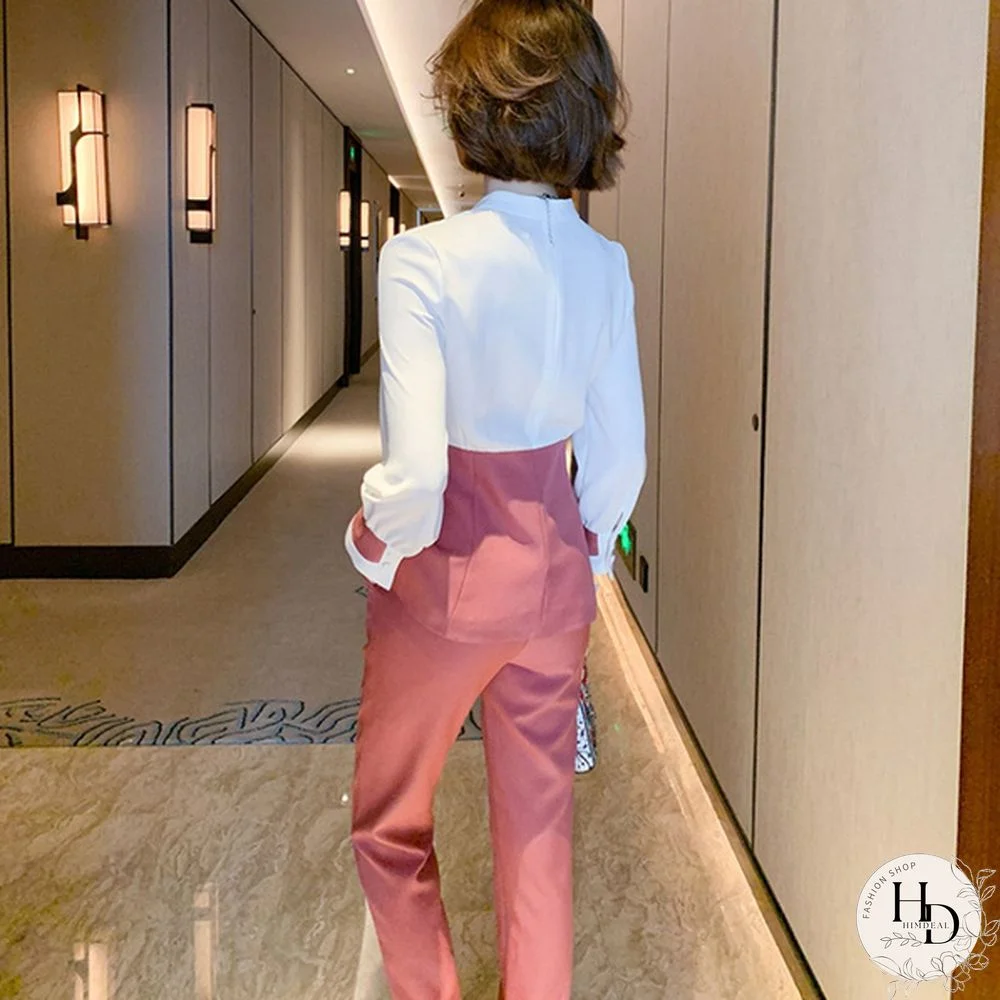 Autumn Suit Women Pants 2 Piece Set Elegant Office Lady Outfits Hit Color Blouse And Pants Fashion Sets