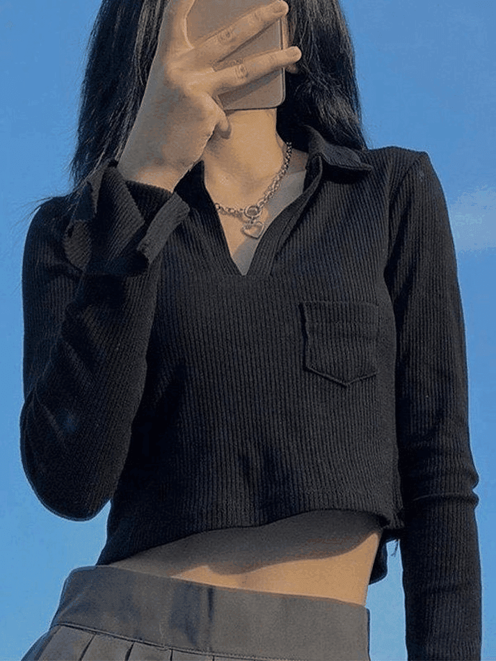 Brownm Long Sleeve Rib Knit Crop Top