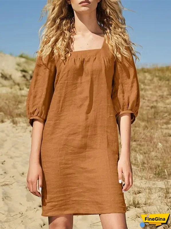 Cotton Linen Loose Casual Half Sleeve Mini Dress