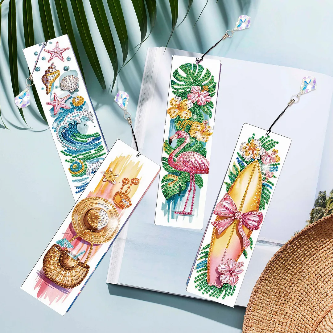 4Pcs Tropical Beach Style DIY Diamond Painting Bookmark with Crystal Pendants Diamond Painting Art Bookmarks Special Shape for DIY Making Beginners Adult Arts Craft Supplies
