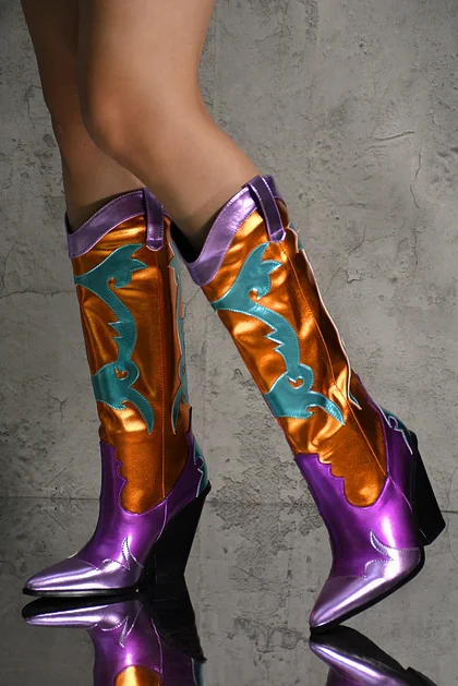 Western Chunky Heel Cowboy Shoes Large  Halloween Womens Ethnic Patchwork Pointed Toe Mid-Calf Boots Fire Shape Chelsea