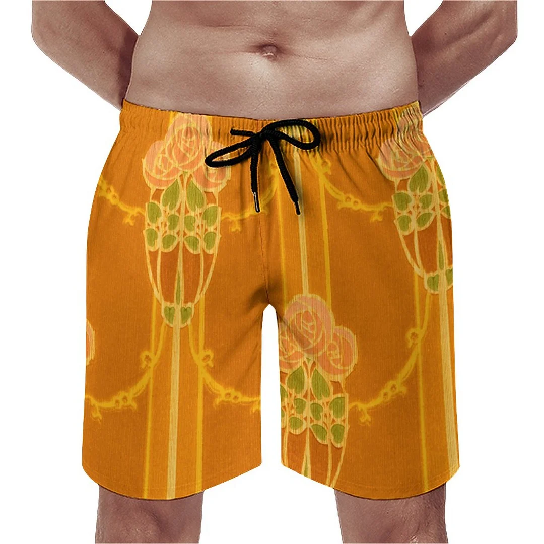 Arts Crafts Style Pink Roses Floral Men's Swim Trunks Summer Board Shorts Quick Dry Beach Short with Pockets