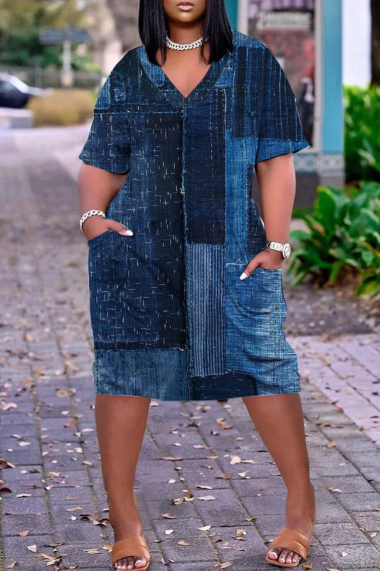 Plus Size Printed V-Neck Short Sleeve Dress main image 0