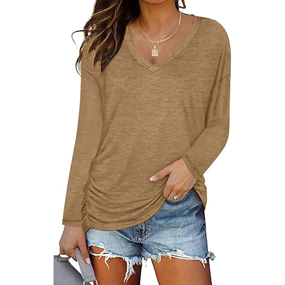 Churchf Churchf New 2023 Autumn / Winter 2023 Women's V-Neck Pleated Long Sleeve T-Shirt Solid Color Loose Casual Top