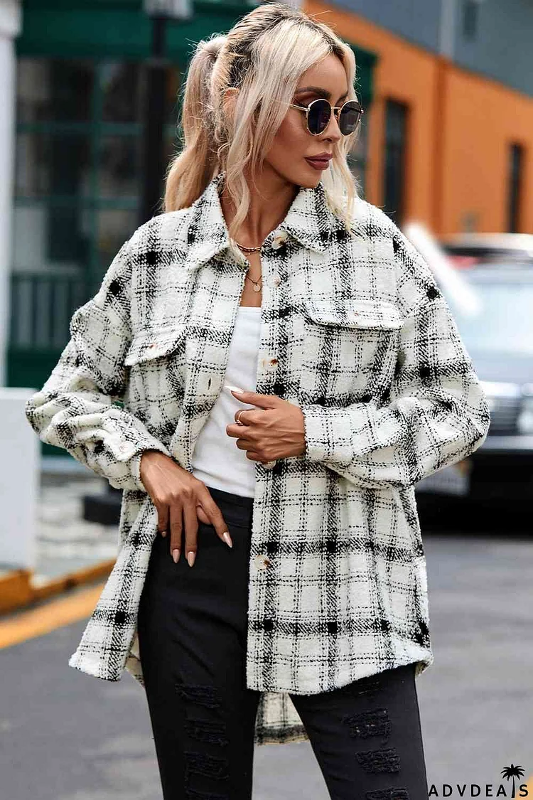 Plaid Dropped Shoulder Collared Jacket