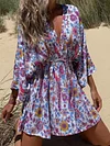 Plunging Floral Printed Batwing Sleeves Mini Dress