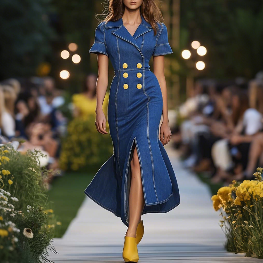 High-end Elegant Everyday Blue Denim Gold Metal Button Slit Maxi Dress