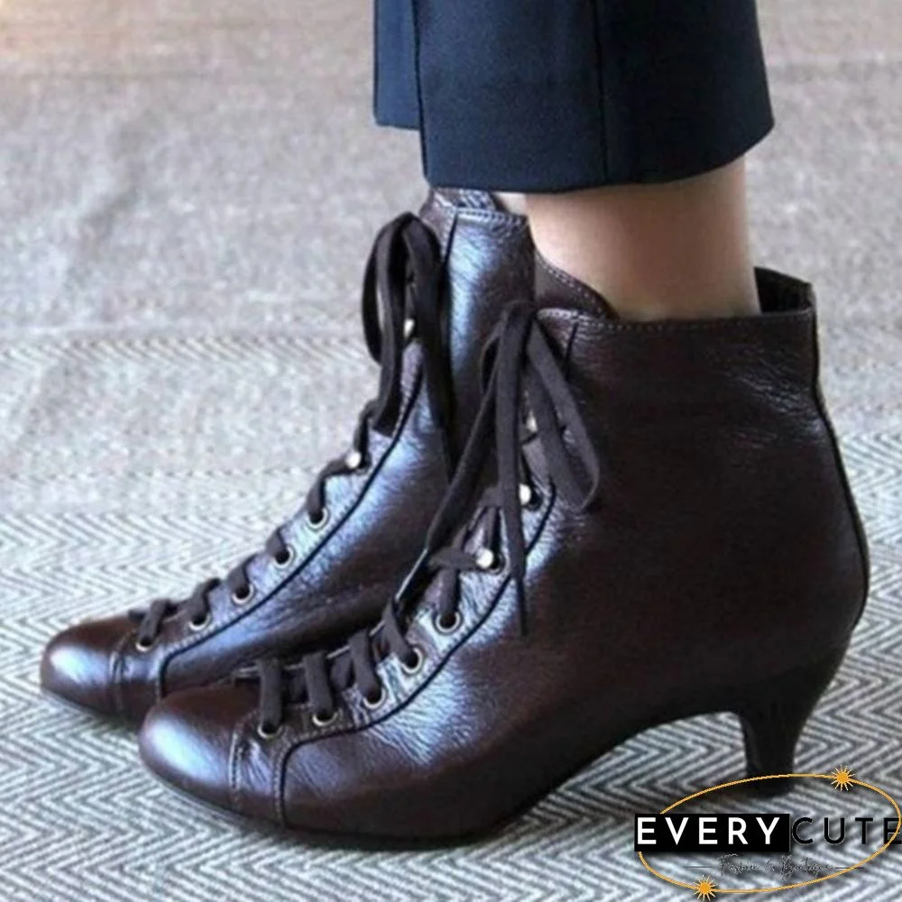 New Fashion Victorian Round Toe Leather Boots for Women Rustic Booties Steampunk Lace Up Low Heel Boots Vintage Ankle Boots Jeans Boots