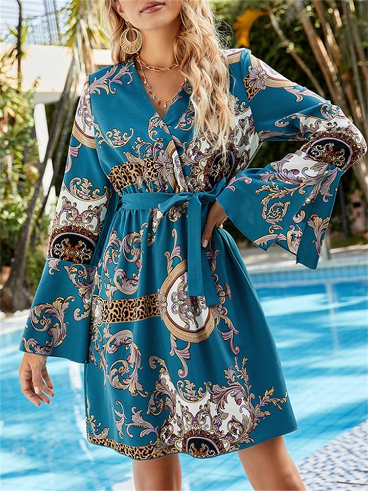 Beach bohemian sunscreen V-neck short skirt magnanimous thin four-sided elastic print flared sleeve dress -vasmok