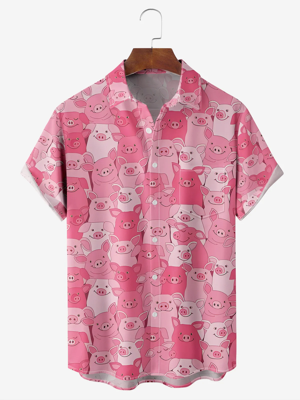 Pink Fun Pig Chest Pocket Short Sleeve Vacation Shirt PLUSCLOTHESMAN
