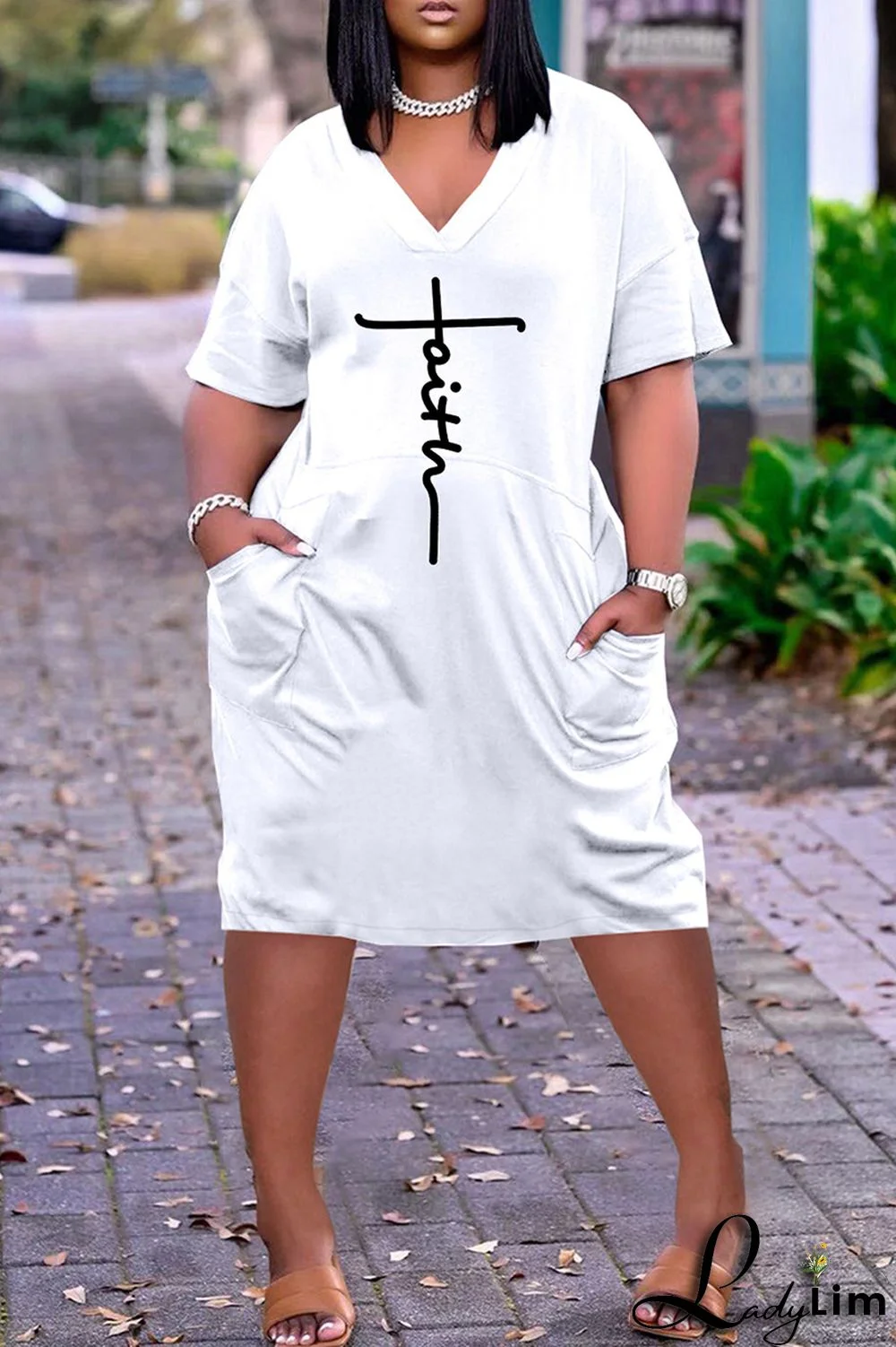 Red Fashion Casual Print Basic V Neck Short Sleeve Dress