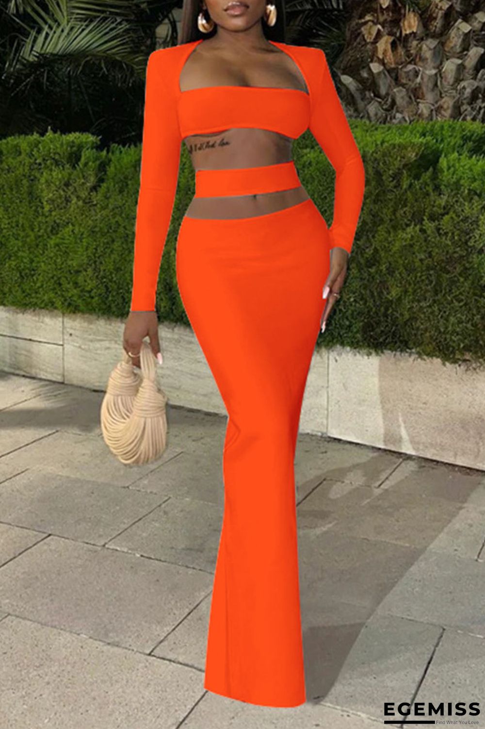 Tangerine Red Sexy Solid Hollowed Out Patchwork Square Collar Long Sleeve Two Pieces | EGEMISS