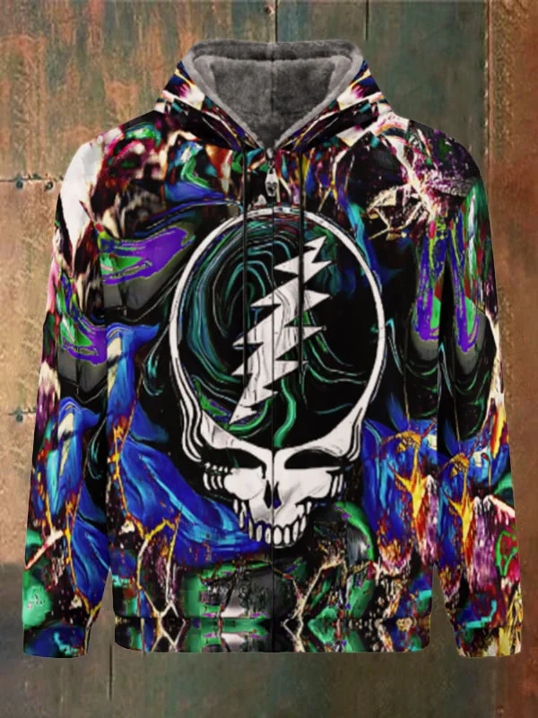 Unisex Skull Print Double Layer Fleece Zip-Up Hooded Jacket