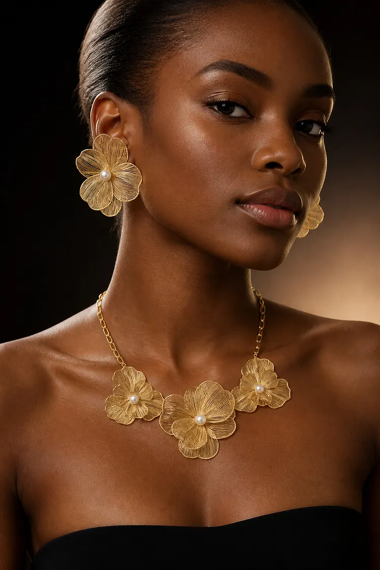 Casual Gold Exaggerated 3D Flowers Earring Necklace Set 2024 - Xpluswear