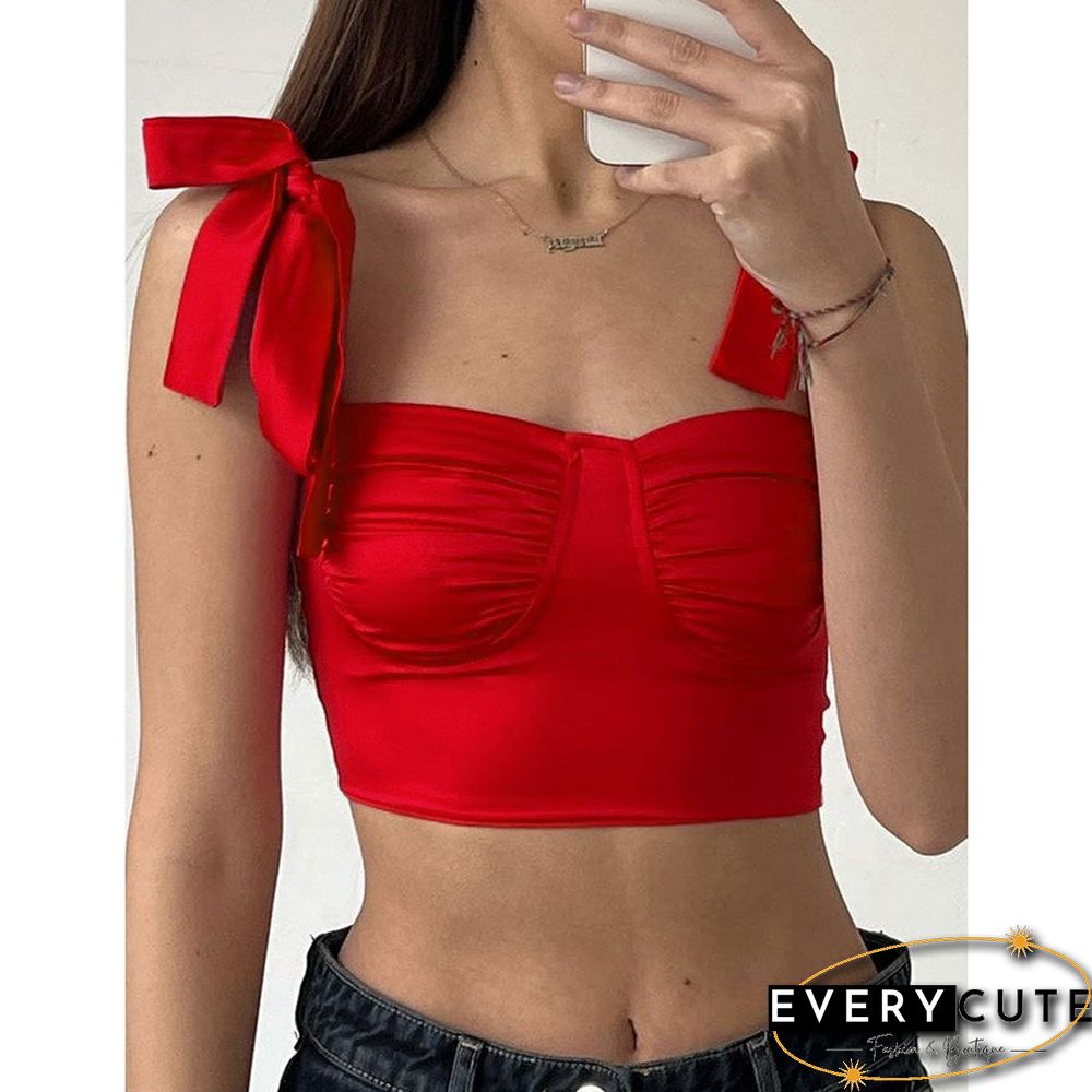 Red Lace-up Spaghetti Straps Crop Tops