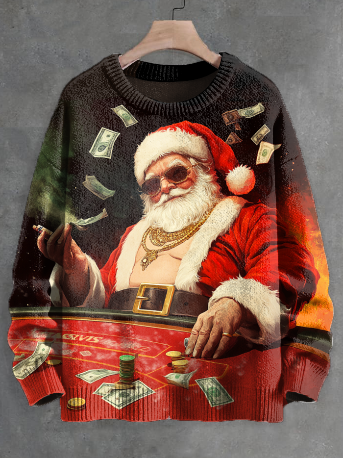 Men's Santa Claus Playing Gambling Games Art Knit Sweatshirt