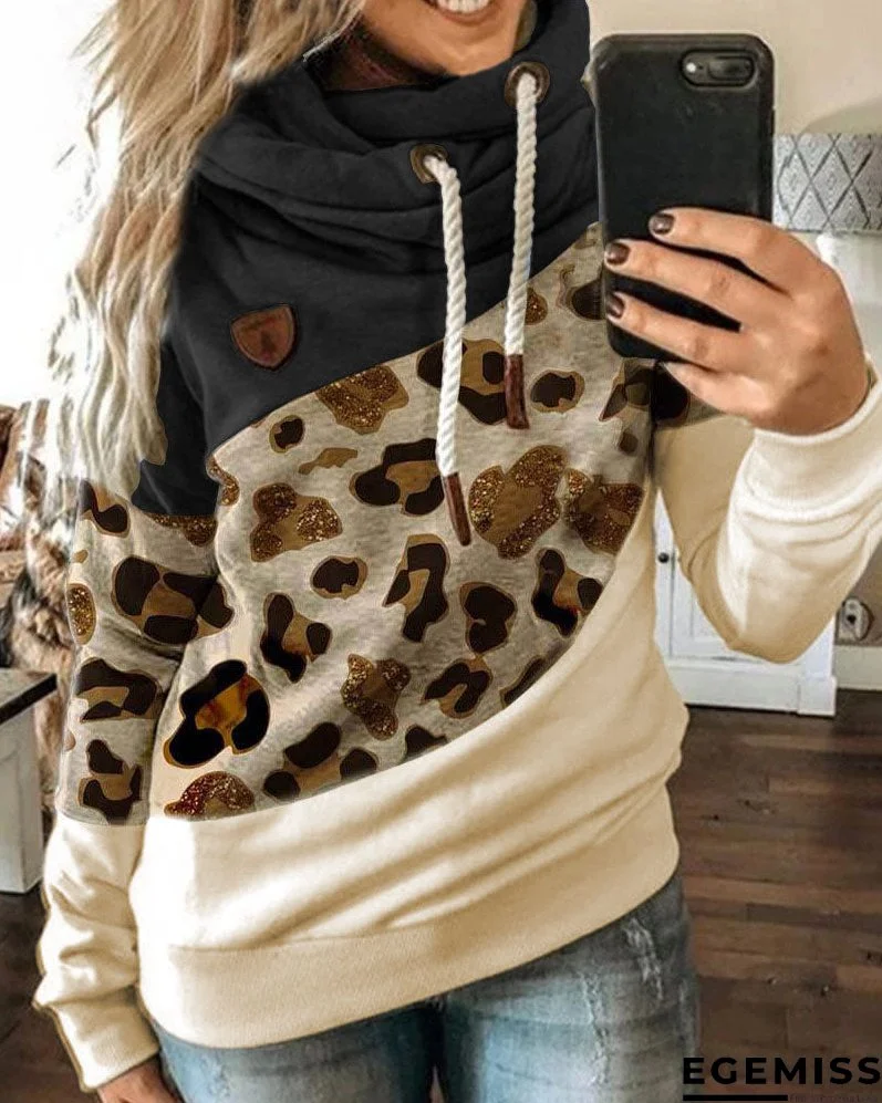 Lantern Sleeve Colorblock Leopard Print Hooded Top | EGEMISS