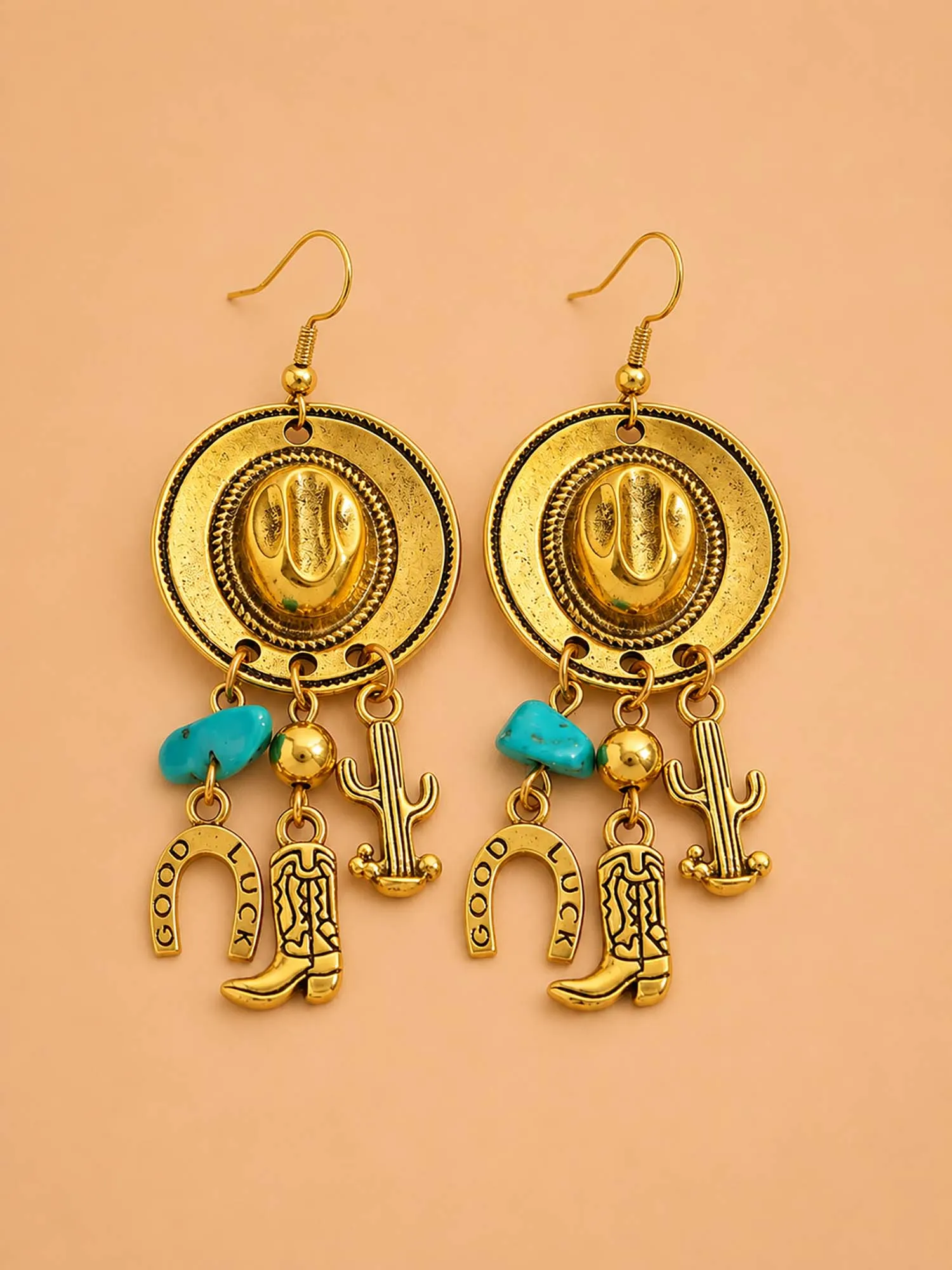 Western Cowboy Hat Drop Earrings | Vintage Horseshoe Cactus Boot Dangle Earrings
