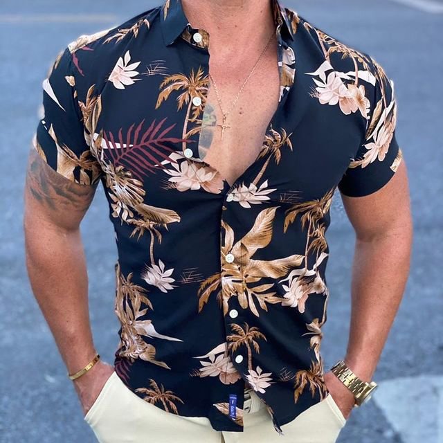BrosWear Men's Slim Fit Short Sleeve Floral Print Shirt