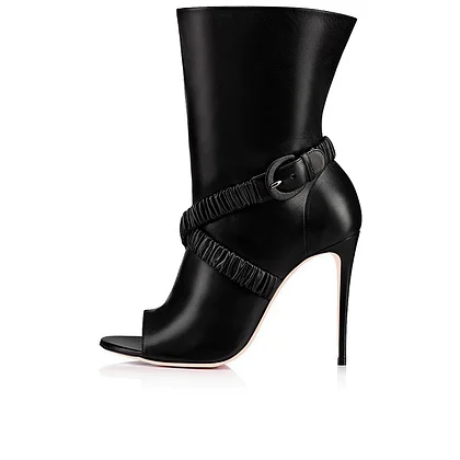 Black Peep Toe Booties Ankle Strap Cut out Stiletto Heeled
