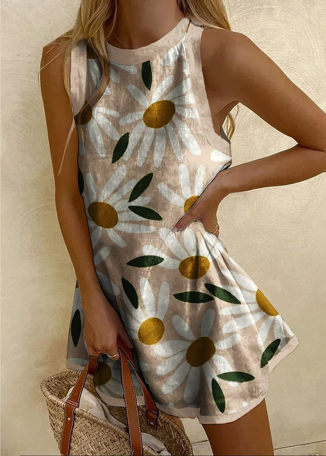 Daisy Art Element Printed Sleeveless Dress