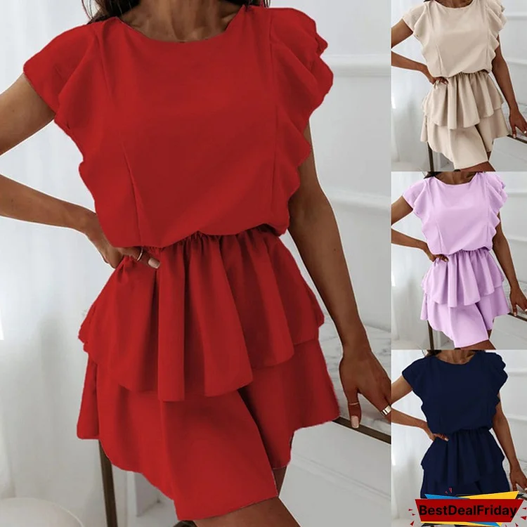 Summer Women's Fashion Solid Color Mini Dress O-Neck Ruffle Short Sleeve Dresses