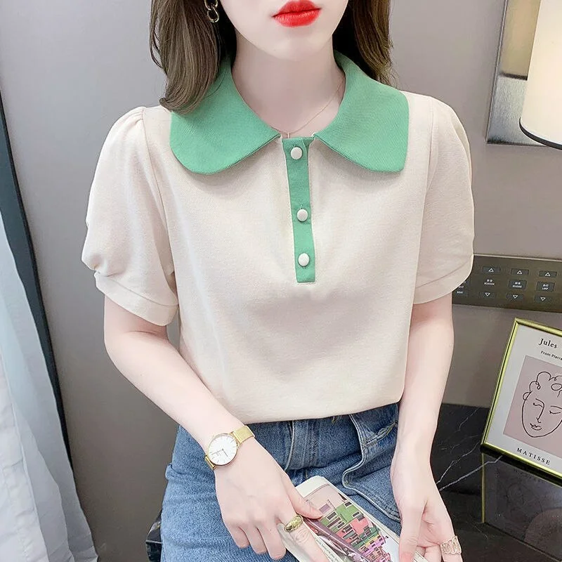 Jangj Button Casual Turn-down Collar Short Sleeve Patchwork Women's Clothing Summer Korean All-match Trend Popularity Leisure