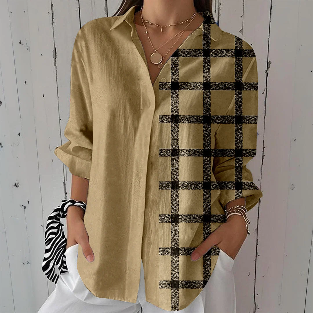 Style & Comfort for Mature Women Women Khaki, Plaid DZCL0056 3/4 Sleeve Shirt Collar Printed Button Tops