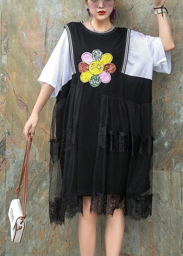 Boho Black Nail bead Print Asymmetrical Design Patchwork Fall Mid Dress Half Sleeve CK464- Fabulory