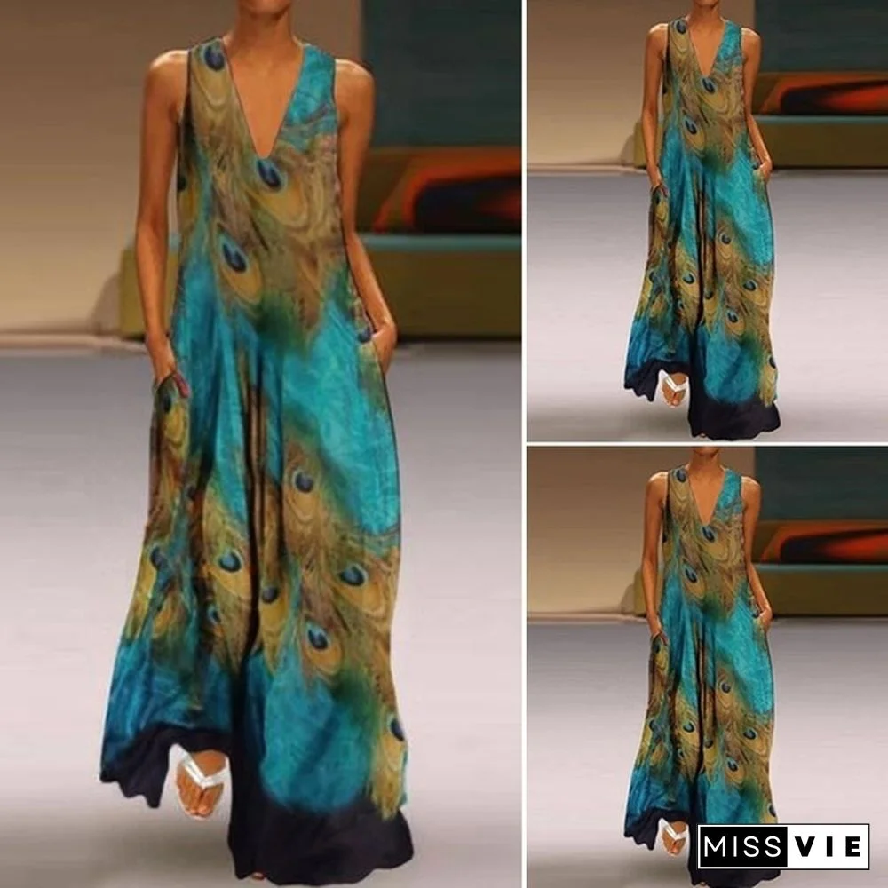 Fashion Women Sleeveless Peacock Print Maxi Long Dress Summer Bohemian Dress