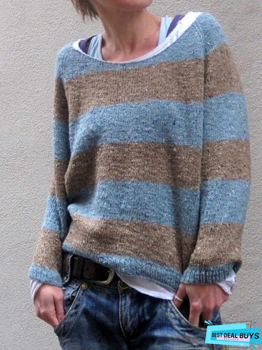 Cotton-Blend Casual Striped Crew Neck Sweater