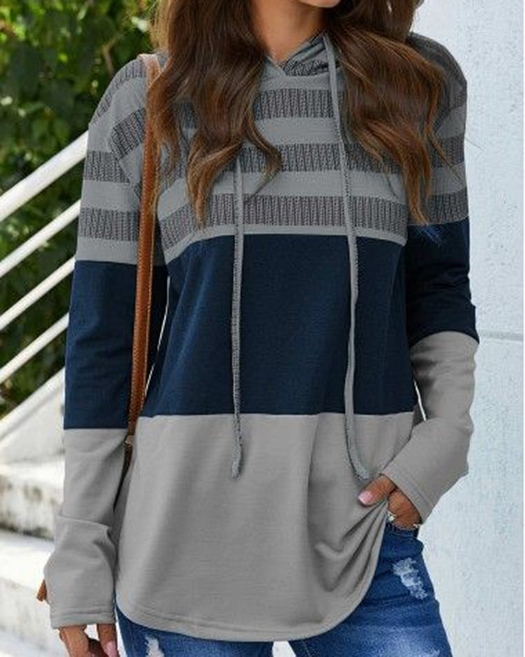 Grey Patchwork Polyester Women's Hoodie