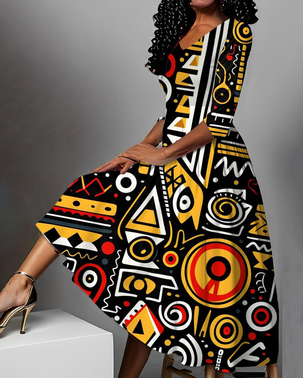 Tribal Geometric Print V Neck Maxi Dress