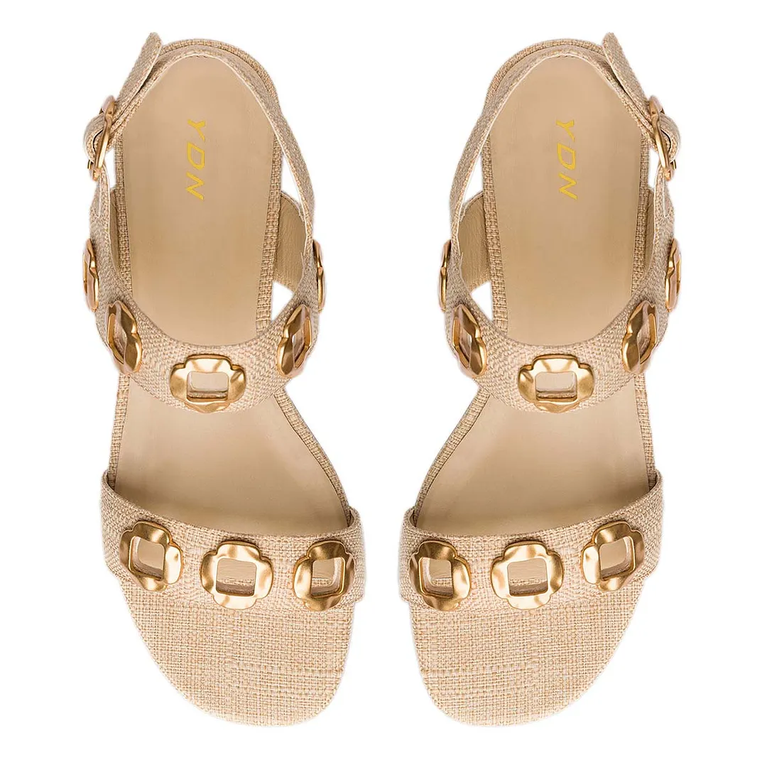 Beige Open Toe Metal Decor Block Heeled Sandals with Cut-Outs