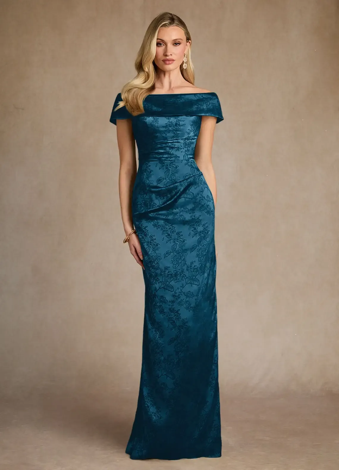 Lussooy Charming Ink Blue Satin Printing Off the Shoulder Floor Length Mother of The Bride Dress 