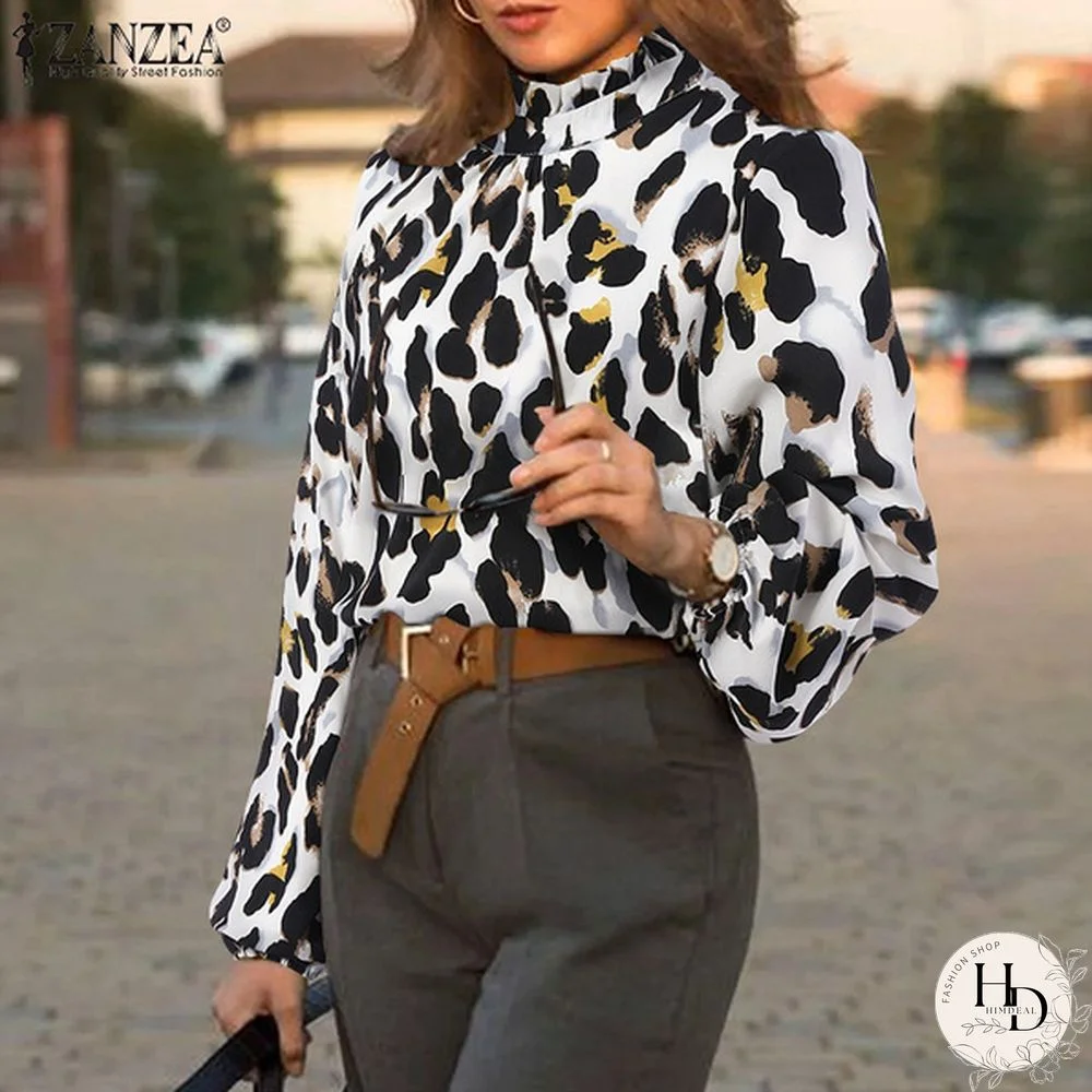 ZANZEA Women Leopard Print Blouse Spring Summer Long Puff Sleeve Tops Casual Loose Turtleneck Oversized