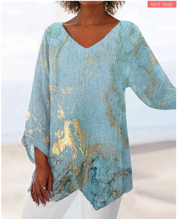 V-Neck Cropped Sleeve Loose T-Shirt