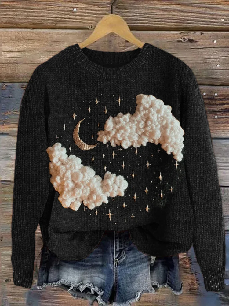 Kuscheliger Strickpullover mit Nachthimmel-Stickerei