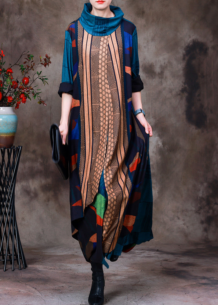 VCSHOES Blue Turtleneck Asymmetrical Print Velour Maxi Dresses Long Sleeve