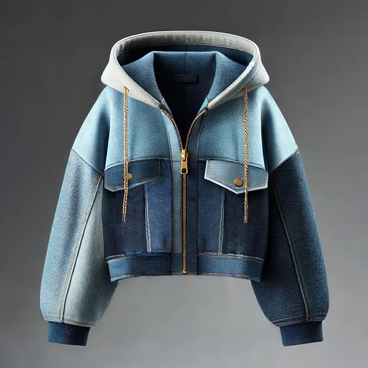 Ursime Denim Patchwork Drawstring Hooded Zip Up Jacket