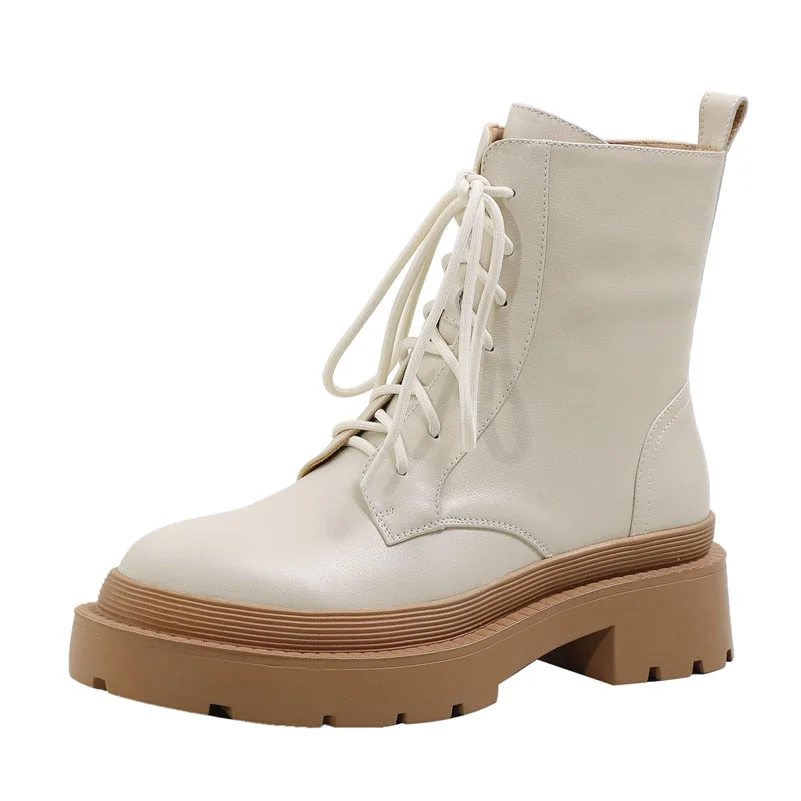 Meotina Women Shoes Genuine Leather Motorcycle Boots Thick Med Heel Boots Round Toe Zipper Lady Footwear Autumn Winter 40 Beige