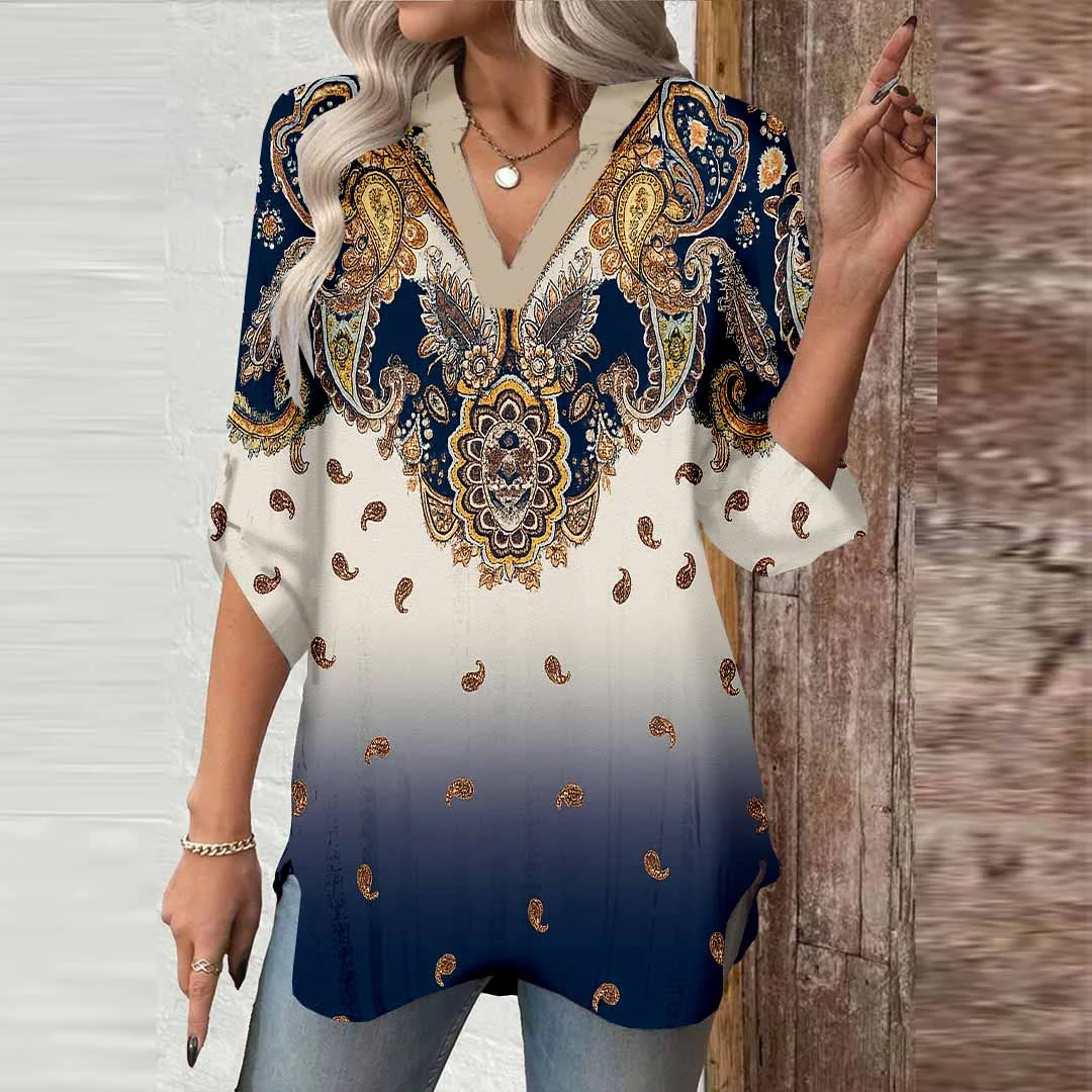 Women Retro, Dark Blue, Brown DZGA0650 3/4 Sleeve V-neck Printed Graphic Button Tops