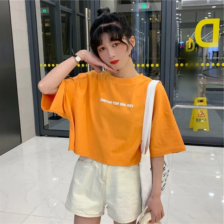 summer 100% cotton Crop Top T-Shirt Female Solid O-Neck Short Sleeve T-shirts Women letter pring Short tops casual girl T Shirt
